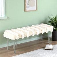 Belmont Sheesham Wood Mid Century 3 Seater Bench With Metal Legs In Beige Fabric