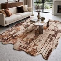 Beige Brown Abstract Wool Silk Shaped Rug Hand Tufted Area Rug for Living Room Bedroom 10x14