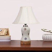 Devansh Off-White Cotton Shade Lamp With Wood & Mosaic Glass Base For Decoration/Office/Home/Gifting/Study For Decoration/Office/Home/Gifting/Study