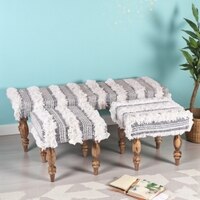 Cairo Sheesham Wood Accent Seater Bench Set With 2 Stools In Grey Fabric