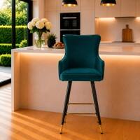 Doe Buck Nolen Upholstered Bar Stool in Teal Colour with Gold Tip Legs