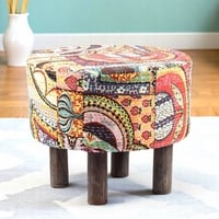 Collio Solid Wood Pouffee in Multicolour Patch Kantha Fabric