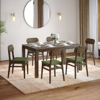 Atlas Solid Wood 6 Seater Dining Table With 6  Lunar Dining Chairs (Finish : Danish Walnut, Chair Colour : Moss Green)