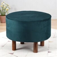 Rosslyn Solid Wood Ottoman Pouffee in Turquoise Sea Velvet