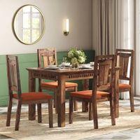 Fidora 4 Seater Dining Table With Set Of 4 Martha Dining Chairs (Colour- Burnt Orange, Finish- Teak)