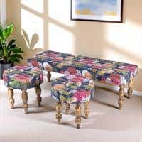 Cairo Sheesham Wood Mid Century Seater Bench Set  2 Stools In Fruit Print Blue Kantha