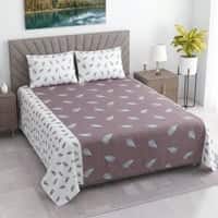 White And Plum Shade Floral  Cotton 400 Tc  Flat  Super King Size Bedsheet With 2 Pillow Covers