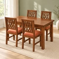 Globally Indian Bandhana Solid Sheesham Wood 4 Seater Dining Table Set 4 Chairs Terracotta Orange