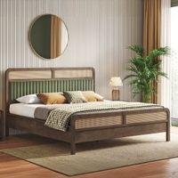 Hanoi Solid Wood Cane King Size Nonstorage Bed In Danish Walnut Finish Fabric Deep Olive
