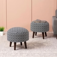 Quad Jacquard Wooden Ottoman in Blue Color Set of 2