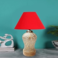 Devansh Conical  Red Cotton Shade  Lamp With  Wood & Mosaicglass Base For Decoration /Office/Home/Gifting/Study For Decoration /Office/Home/Gifting/Study -(10X10X14.5) Inches -