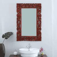 Rizo Mango Wood Teak Finish Carving Wall Mirror