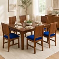 Globally Indian Mahira Solid Sheesham Wood 6 Seater Dining Table Set 6 Chairs Navy Blue