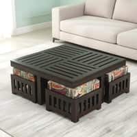 Palladio Sheesham Wood Coffee Table With 4 Stools Set In Mahogany Finish & Multi Colour Israel Print Kantha Fabric Cushions
