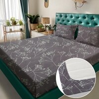 Purple Floral 180 TC Fitted 1 King  Bedsheet with 2 Pillow Covers