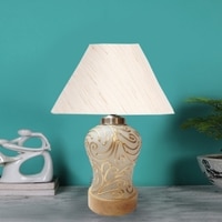 Devansh Conical  Off White Cotton Shade  Lamp With  Wood & Mosaic Glass Base For Decoration /Office/Home/Gifting/Study For Decoration /Office/Home/Gifting/Study -(10X10X14.5) Inches -