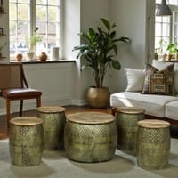 Vintage Hammered Metal Coffee Table with 4 Stools in Gold Finish Set of 5