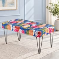 Velas Sheesham Wood Mid-Century 2 Seater Dining Bench with Metal Legs and Fruit Print Blue
