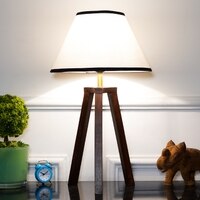Griffith hand crafted Solid wood walnut finish Tripod Table Lamp White & Black Cotton Shade