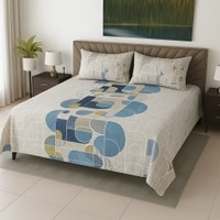 White Geometric 400 TC Cotton Flat Super King Size Bedsheet With 2 Pilllow Covers From Threads