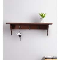 Wooden Wall Shelf with 3 Key Hooks in Brown Colour