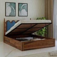 Heritage Sheesham Wood Queen Size Bed With Hydraulic Storage in Provincial Teak Finish