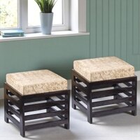 Houston Sheesham Wood Set of 2 Stools in Beige Sparkle Velvet, Extra Dark Mahogany Finish