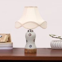 Devansh Off-White Vintage  Cotton Shade Lamp With Wood & Mosaic Glass Base For Decoration/Office/Home/Gifting/Study For Decoration/Office/Home/Gifting/Study