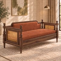 Rattan Solid wood Three Seater sofa in Provincial TeakCopper Orange Colour Fabric