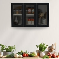 Aluminium Black Profile 3 Fluted Glass Handless Shutters Wall Cabinet In Highland Pine Finish