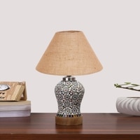 Devansh Conical Beige Jute Shade Lamp With Wood & Mosaic Glass Base For Decoration/Office/Home/Gifting/Study For Decoration/Office/Home/Gifting/Study -(10X10X14.5) Inches -A