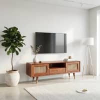 Anaya Solid Wood 2 Door Rattan Designed Tv Cabinet In Honey Ook Finish