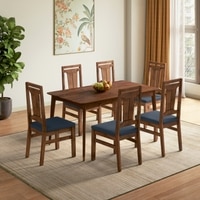 Saar Teak Wood Compact Dining Table 6 Seater with 6 Tessa Dining Chairs (Finish: Espresso Teak, Colour: Lapis Blue)