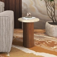 Enzo Travertine Marble and Solid Wood Side Table In Amber Walnut Finish