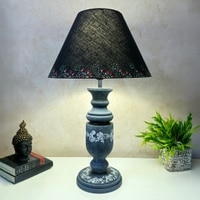 Pillar Classic Stone Grey Black Wooden Table Lamp in Grey