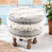 Louisville Acacia Wood Mid Century Round Pouf Stool in Grey Fabric