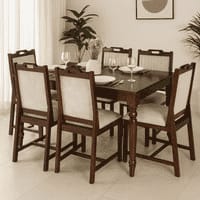 Globally Indian Compact Wooden 6 Seater Dining Table Set – Comfortable 6 Upholstered Seat and Back in Beige Sapphire