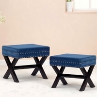 Rosslyn Sheesham Wood Accent Set of 2 Ottoman Pouffees in Navy Blue Velvet, Dark Mahogany Finish