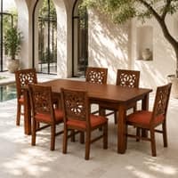 Globally Indian Nivaan Solid Sheesham Wood 6 Seater Dining Table Set 6 Chairs Terracotta Orange