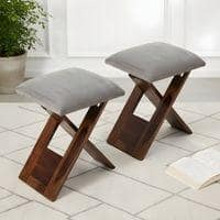 Dayton Sheesham Wood Accent Square Set of 2   Stools in Grey Cotton Velvet Upholstery