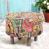 Rosslyn Solid Wood Ottoman Pouffee in Multi Colour Israel Print Kantha fabric