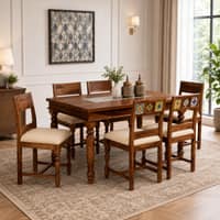 Rangrez Sheesham Wood 6 Seater Dining Set in Provincial Teak Finish with Cushioned Chairs