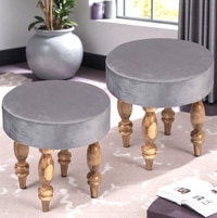 Roswell Sheesham Wood   Round Set of 2 Stools in Iron Grey Velvet Upholstery