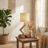 Flex Brown Wooden Table Lamp with Yellow Printed Fabric Lampshade