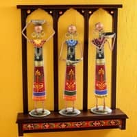 Desert Art Metal Handpainted Rural Lady Showpiece Set of 3 in Red Colour