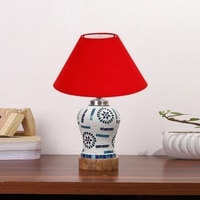 Devansh Conical Red Cotton Shade Lamp With Wood & Mosaic Glass Base For Decoration/Office/Home/Gifting/Study For Decoration/Office/Home/Gifting/Study -(10X10X14.5) Inches -A