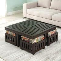 Palladio Sheesham Wood Coffee Table With 4 Stools Set In Mahogany Finish & Multi Colour Israel Print Kantha Fabric Cushions