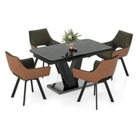 Caribu 4 to 6 extendable dining table, Finish - Black marble color High Gloss with Set of 4 Casey Swivel Dining Chair in Dual Tone