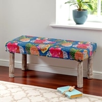 Camilla Solid Wood 2 Seater Bench In Fruit Print Blue Ethnic Kantha Fabric