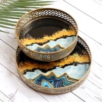 Round Metal Meeena Tray Set Of 2 In Blue And Black Colour